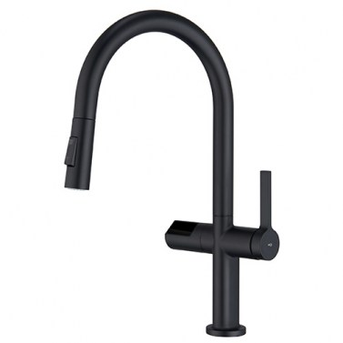 IMEX Grifo Cocina Extraíble Caño Alto TURÍN GCE021 Doble Jet con Sensor Negro Mate